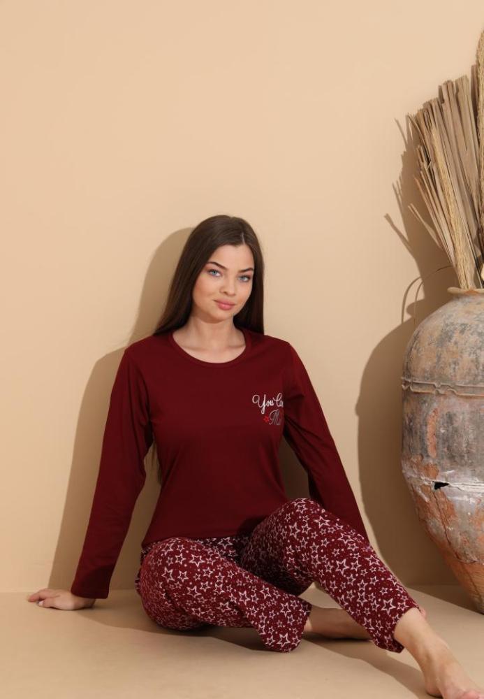 Pijama Dama „You Can M'" ,Pantaloni si Maneca Lunga,Culoare Visiniu,Engros